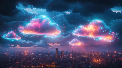 Obraz premium Clouds shaped like glowing holographic creatures floating above a cityscape, Fantasy, Pop Art, Vivid Colors