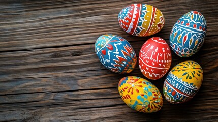 Hand-painted Easter eggs with intricate patterns placed on a rustic wooden table
