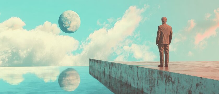 Man standing on surreal landscape overlooking water, clouds, and distant planet. Dreamlike scenery with reflection, abstract visuals, imaginative journey.
