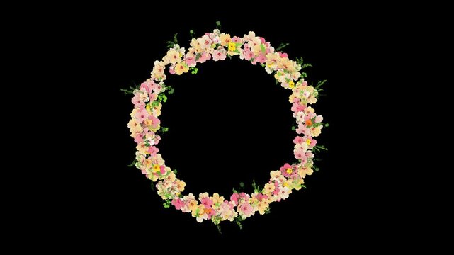 Flower crown, colorful flowers, blooming floral circular border animation isolated on black background with alpha matte