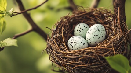 A close-up of speckled Easter eggs nestled in a bird nest on a tree branch
