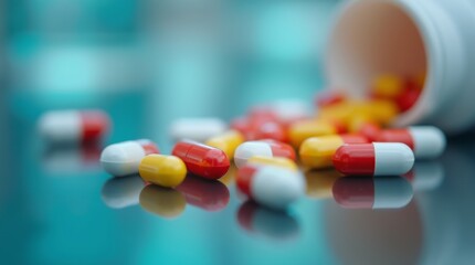 A vibrant close-up of pharmaceutical capsules in a laboratory setting