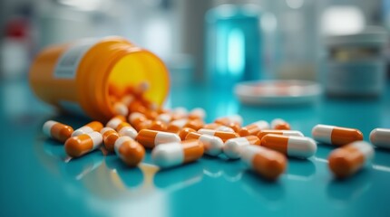 A vibrant close-up of pharmaceutical capsules in a laboratory setting