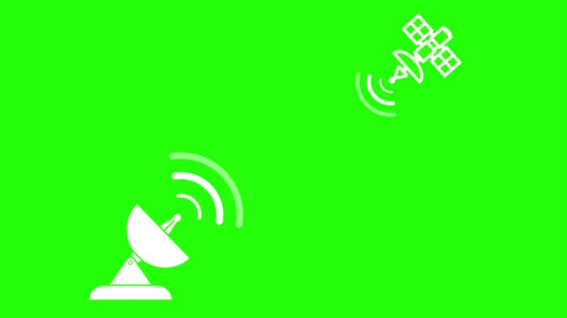 Animated parabola icon: moving satellite dish emitting signal waves to a looping 4k satellite