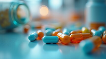 A vibrant close-up of pharmaceutical capsules in a laboratory setting