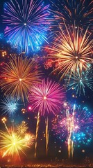 Fototapeta premium Vivid colorful exploding fireworks at night with brilliant lights