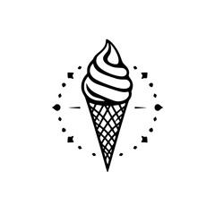 Minimalist Ice Cream Cone with Swirls, Surrounded by a Patterned Circle on a White Background.