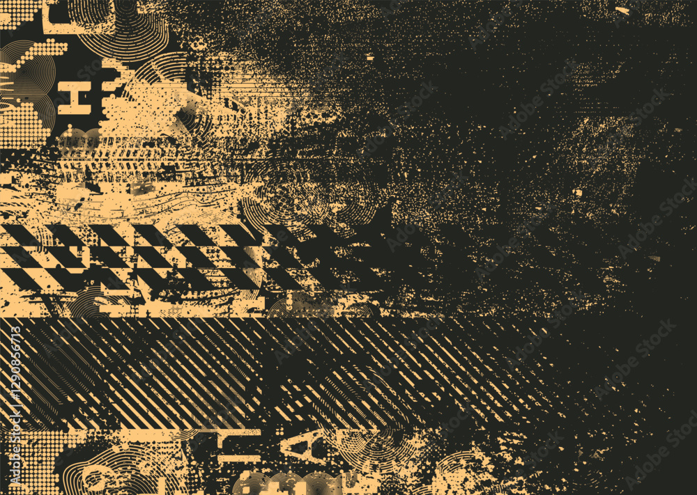 Poster Background with glitch distorted grunge textures . grunge background texture with halftone dots, glitched shapes, textures and lines .Screen print vector background with grunge textured surface.