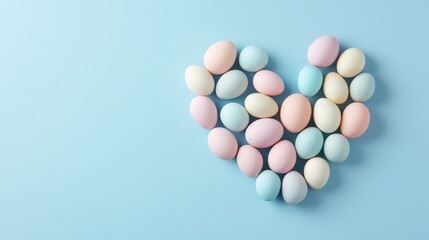 A pastel-themed Easter background with eggs arranged in a heart shape