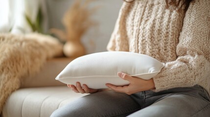 Stomach pain relief with a person applying a heating pad in a cozy living room. Featuring comfort and self-care