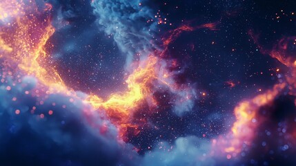 Naklejka premium Colorful explosion of fire and smoke with swirling particle wave background in vibrant hues