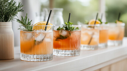 Wedding party concept. Refreshing cocktails lined up on a bar counter with garnishes.