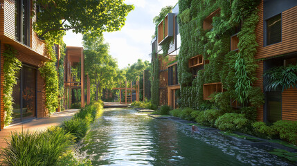 Obraz premium A rainwater harvesting system integrating eco-blocks in an urban residential area. 
