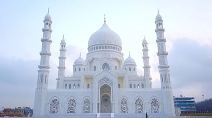 Obraz premium Magnificent White Marble Mosque, Architectural Wonder, Intricate Design, Blue Sky Background