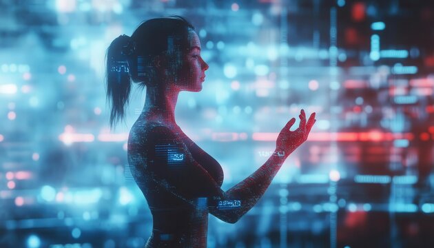 Holographic fitness trainer guiding a user through a virtual yoga session, futuristic environment, Sci-Fi, Digital Illustration, Soft lighting