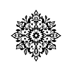 Black and white symmetrical floral mandala with ornate, floral and leaf motifs.