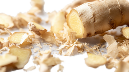 A pile of ginger slices stacked on top of each other, isolated on a transparent background, showing the thin slices and their fresh texture. 