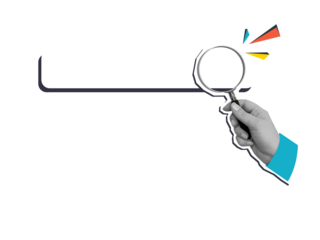 A black and white hand holding magnifying glass on empty search bar. Modern photo collage style. Illustration on transparent background