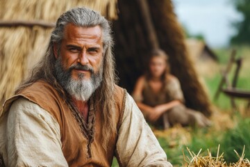A man with long hair and a beard sits contentedly near a thatched hut