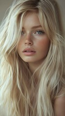 Fototapeta premium blonde model with long hair. She has natural-looking makeup and is gazing directly. The model is wearing a soft pink lipstick.