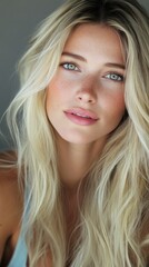 Naklejka premium blonde model with long hair. She has natural-looking makeup and is gazing directly. The model is wearing a soft pink lipstick.