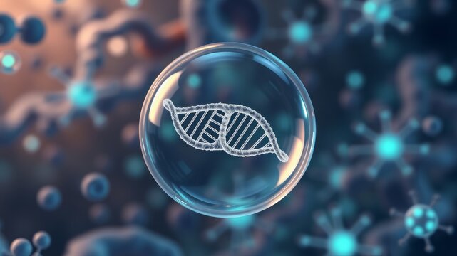 Abstract illustration of a DNA strand encased within a translucent bubble against a molecular backdrop, emphasizing genetics and biotechnology concepts with a glowing blue theme.