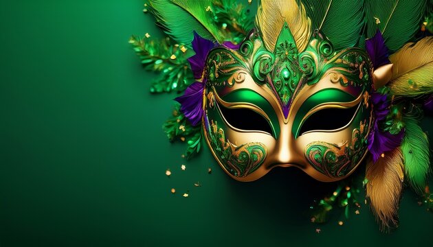 Happy Mardi Gras poster. Venetian masquerade mask isolated on green background, copy space at the right. Sequin mask for carnivals.