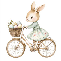 Watercolor illustration, cute boho style bunny on a bicycle with Easter eggs in a basket, isolated on a white background