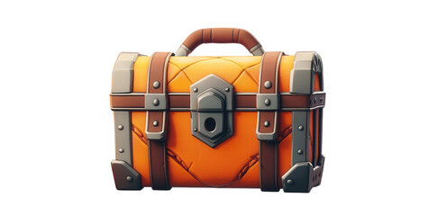 Fototapeta premium a stylized treasure chest with an orange exterior. reinforced with metal accents and leather straps it features a prominent lock and a sturdy handle. suggesting it is designed to store valuable items