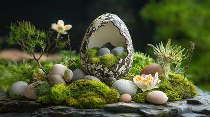 Obraz premium A nature-inspired Easter egg scene with moss and stones
