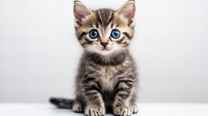 Obraz premium Fluffy blue eyed kitten sitting by a sunlit window, gazing curiously with soft silver fur, perfect for pet lovers and animal themed designs.