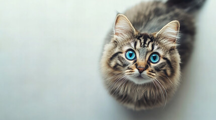 Obraz premium Fluffy blue eyed kitten sitting by a sunlit window, gazing curiously with soft silver fur, perfect for pet lovers and animal themed designs.