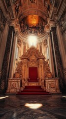 Obraz premium Ornate golden throne in lavish baroque interior with sunlight illumination Coronation Day of Pope Benedict XVI .