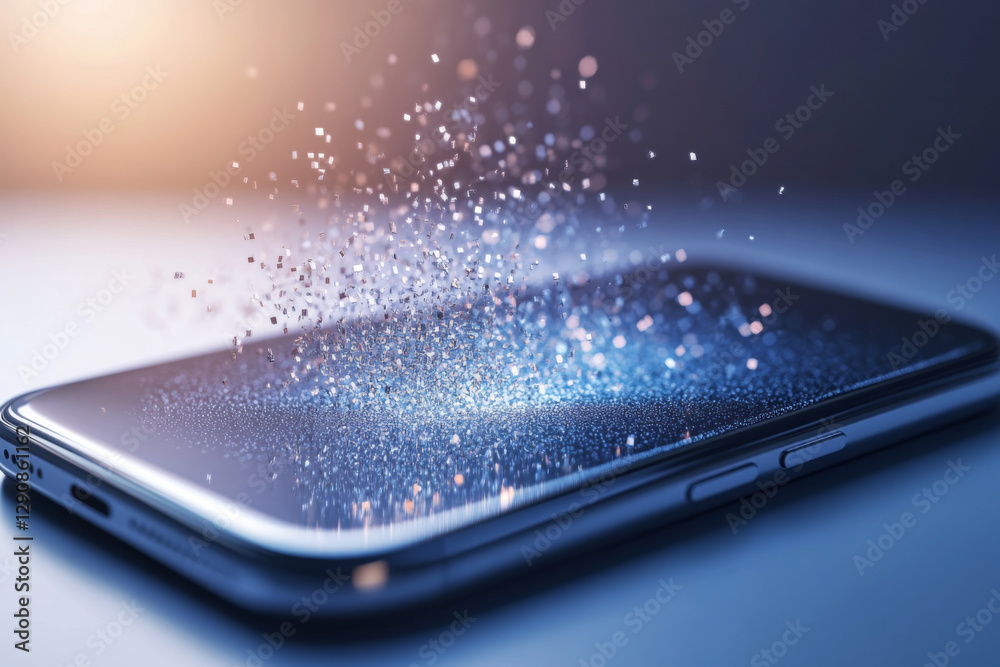 Poster bright sparkles seem to rise from a smartphone screen in a dimly lit workspace during evening hours,