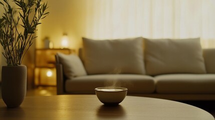 Stomach pain relief with a person sitting on a couch with a cup of herbal tea. Featuring discomfort and healing