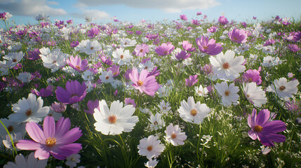 Fototapeta premium Soft and Peaceful Cosmos Flowers Swaying in the Breeze, Gentle Cosmos Flowers in Shades of Pink, White, and Purple