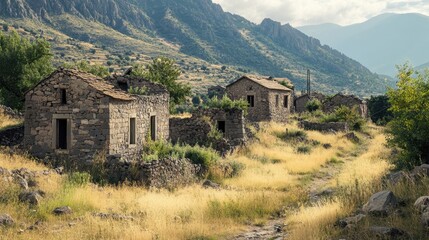 Fototapeta premium Abandoned stone houses in serene mountainous landscape under cloudy sky Armenian Genocide Remembrance Day.