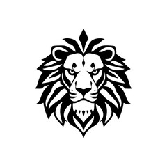 Black and white lion head logo, clean, stylized, centered on white background, bold design, strong, focused expression, symmetrical, front view.