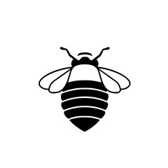 Black and White Geometric Bee Illustration on White Background. Minimalist Line Art with Wing and Antenna Detailing.