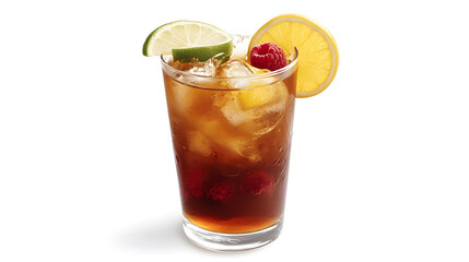 Fototapeta premium A citrus and berry iced tea with orange, lemon, lime, and a handful of raspberries, served in a glass with ice.A citrus and berry iced tea with orange, lemon, lime, and a handful of raspberries, serve