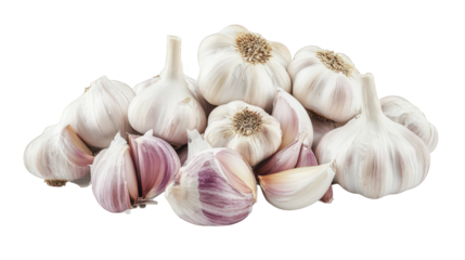 a pile of fresh garlic bulbs. featuring their distinct white and purple skins. arranged neatly to highlight their natural texture and form garlic is commonly used in cooking for its strong flavor and