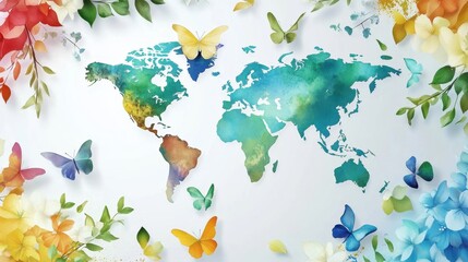 Obraz premium Vibrant world map with colorful butterflies and floral elements International Day of Multilateralism and Diplomacy for Peace