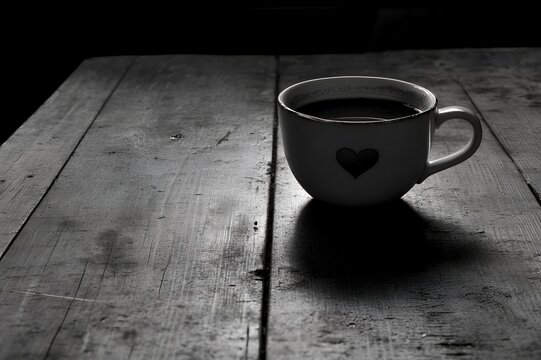 A heart shaped mug of coffee sits on a rustic wooden table Enjoy a moment of peace and warmth