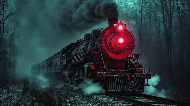 Haunted steam train with glowing red lights  
