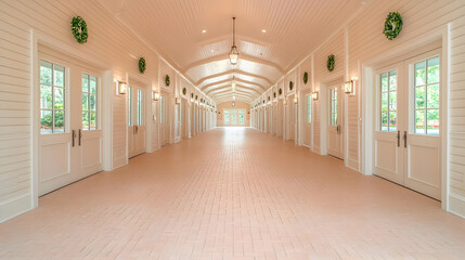 Long light hallway, arched ceiling, doors, greenery.  Real estate, brochure