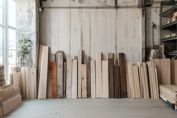 Wood planks stacked against a concrete wall