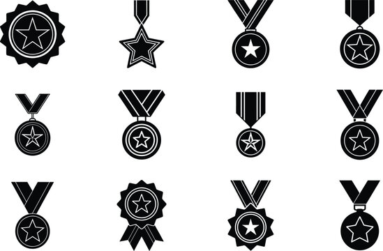 Award Medals Icons Star, Badge, Ribbon, Victory, Achievement, Honors