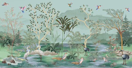 Chinoiserie Vintage floral illustration for wallpaper, fabric, poster, print. Mural. Bloom. Seamless background,Birds Watercolor background.