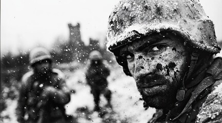 Intense Soldier in Snowy Battlefield During War  

