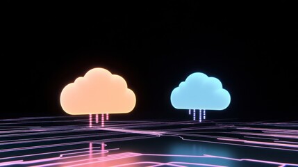 Vibrant Cloud Icons with Circuit Board Design in Dark Background